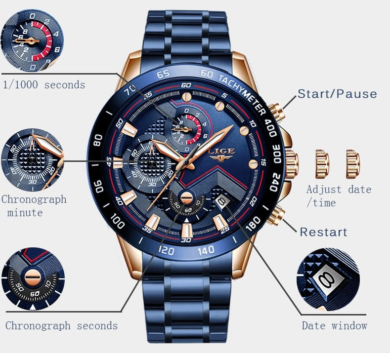 LIGE 9982 Herren Business Chronograph 3ATM Hardlex