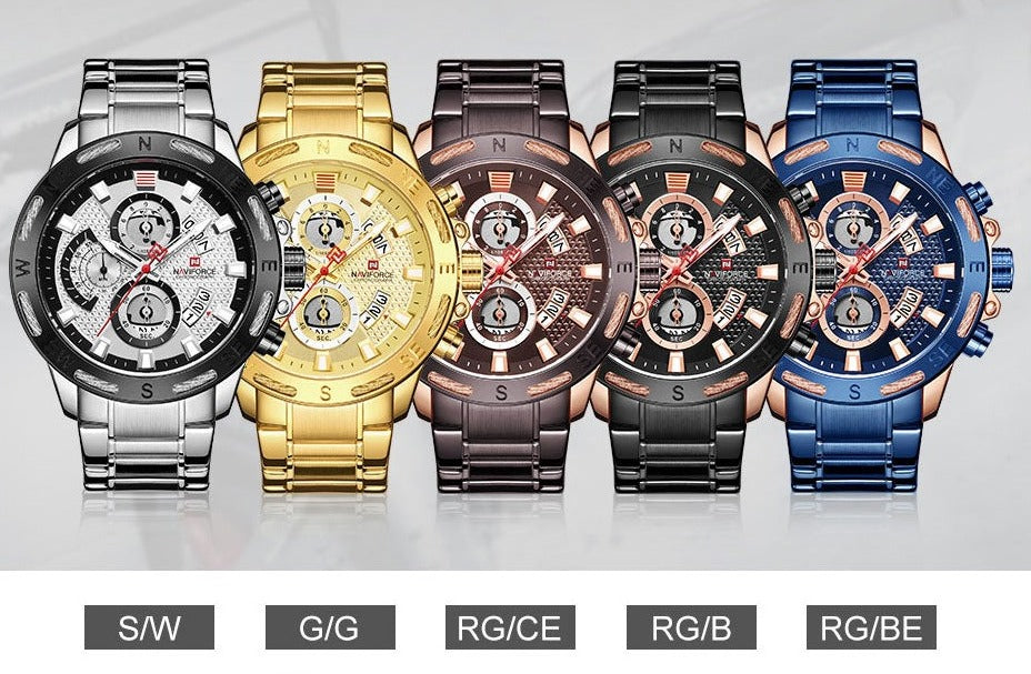 NAVIFORCE NF9165GG Herren Luxus Chronograph 3BAR Hardlex