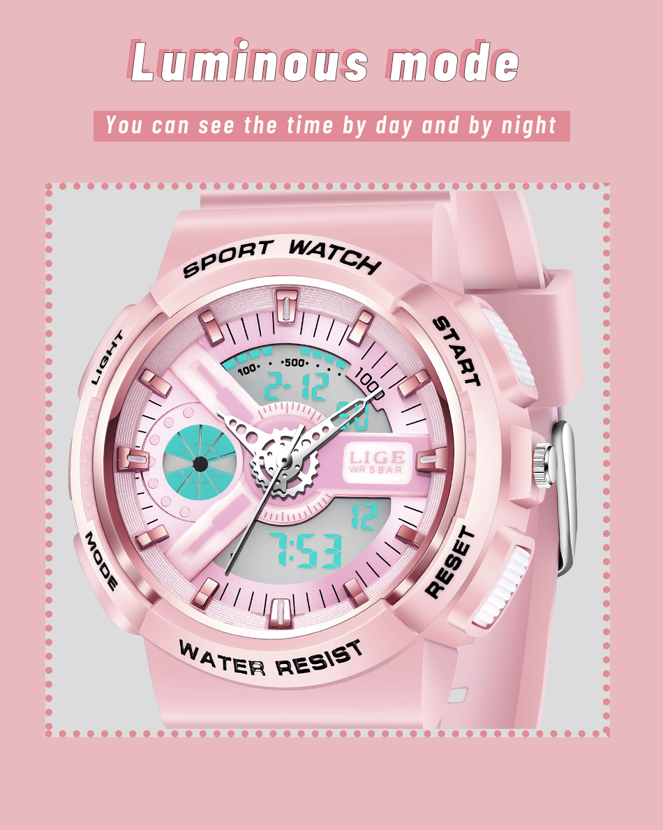 LIGE 8939 Damen Sport Digitaluhr 5ATM Hardlex