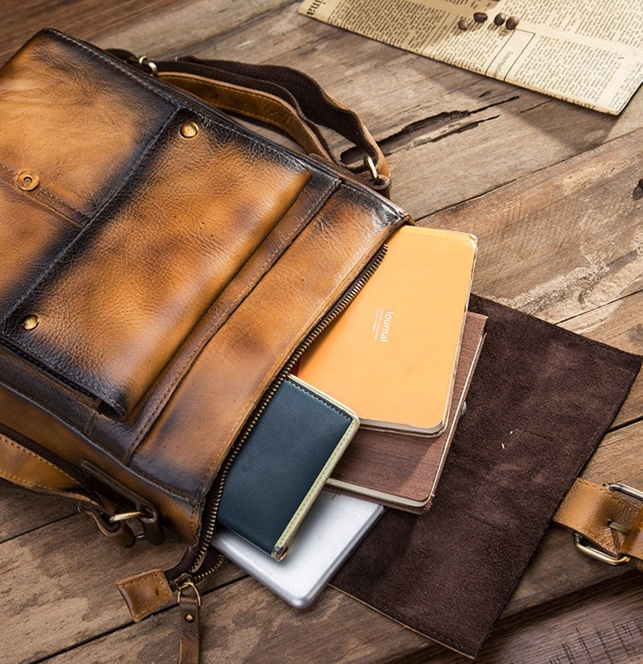 le'aokuu Herren Umhänge-Schultertasche Echtleder