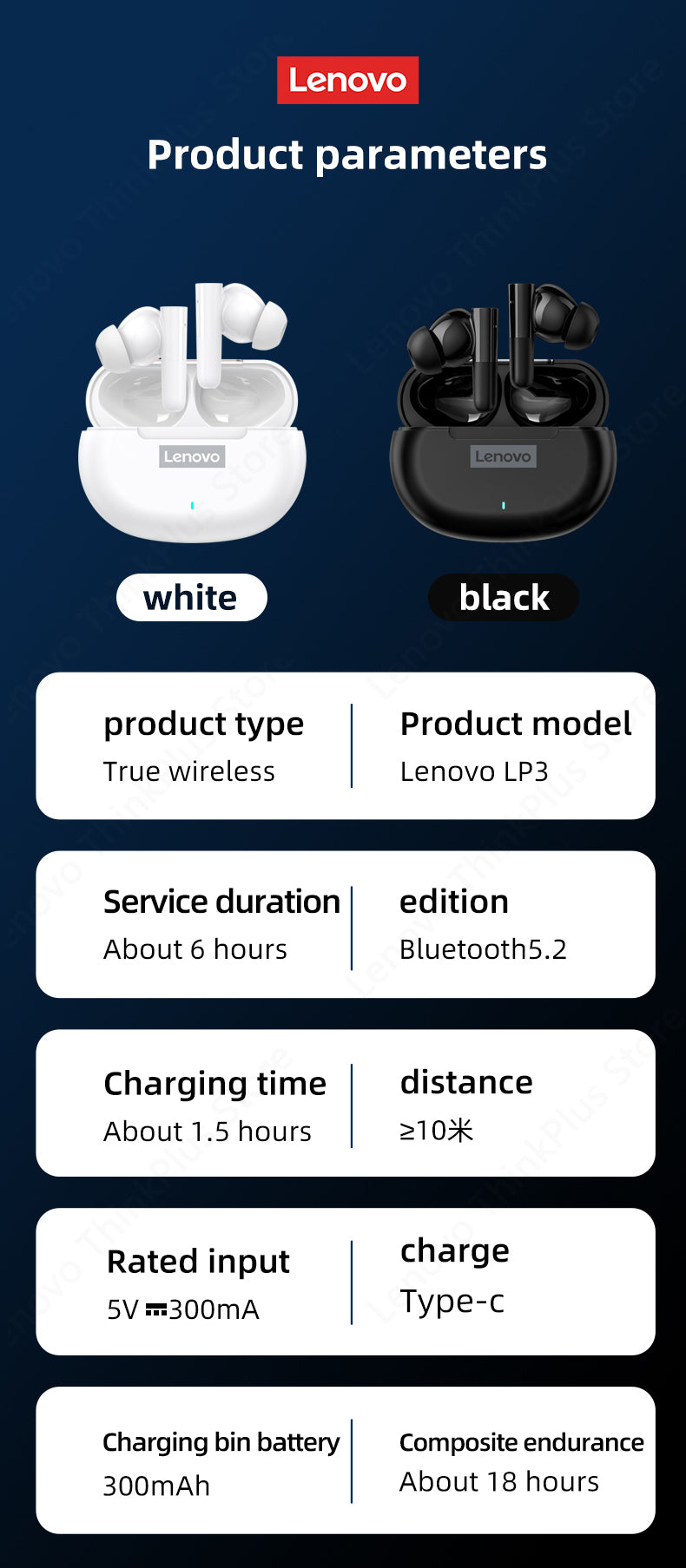 Lenovo LP3 kabellose Kopfhörer TWS Bluetooth 5.2 Sportkopfhörer HD-Anruf mit Mikrofon-Headset Stereo-HIFI