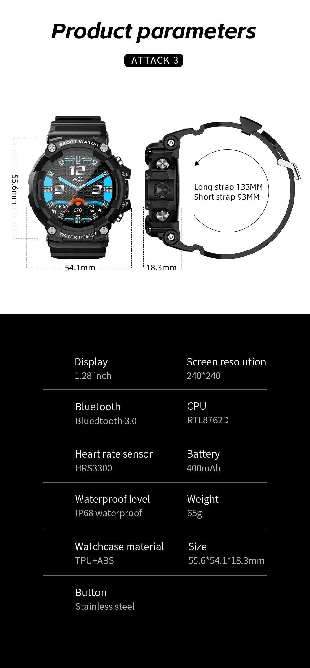 LOKMAT ATTACK 3 Sport Smart Watch Touchscreen Bluetooth IP68