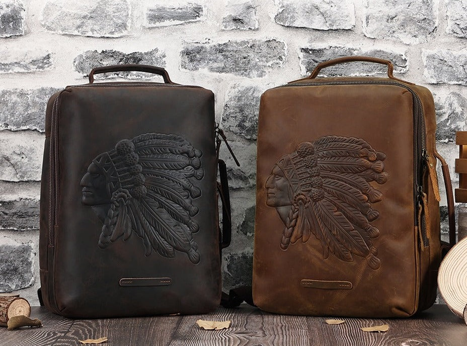 JOYIR Leder Herren Rucksack Indiankopf Prägung