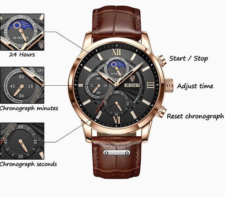 LIGE 9866 Herren Chronograph 3ATM Hardlex