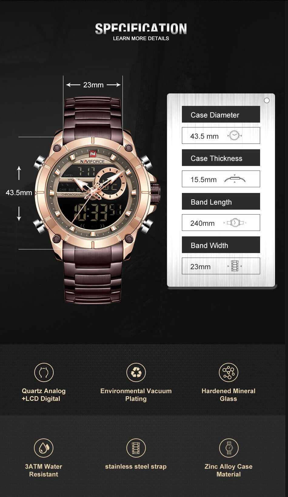 NAVIFORCE NF9163 Herren Militärchronograph 3BAR Edelstahl