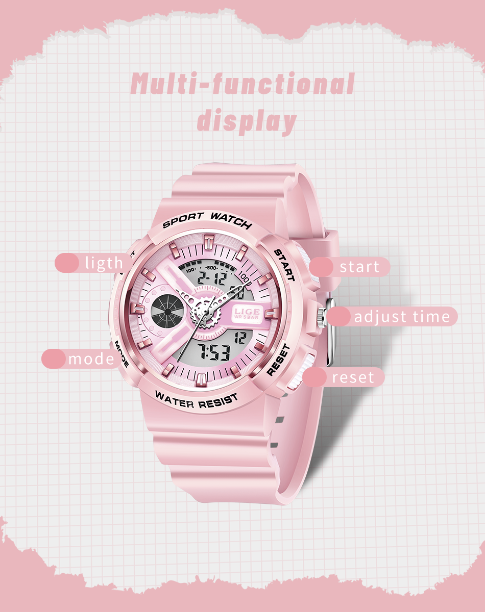 LIGE 8939 Damen Sport Digitaluhr 5ATM Hardlex