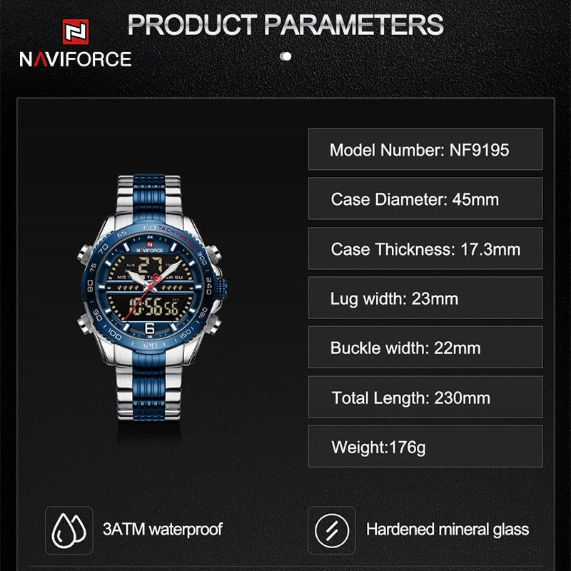 NAVIFORCE NF9195 Herren Militär-Sport-Digitaluhr 3BAR