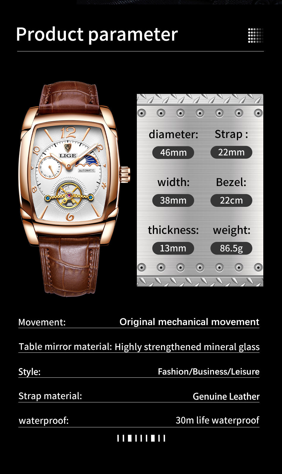 LIGE 8949 Luxus Herren Automatik Uhr 3BAR Hardlex