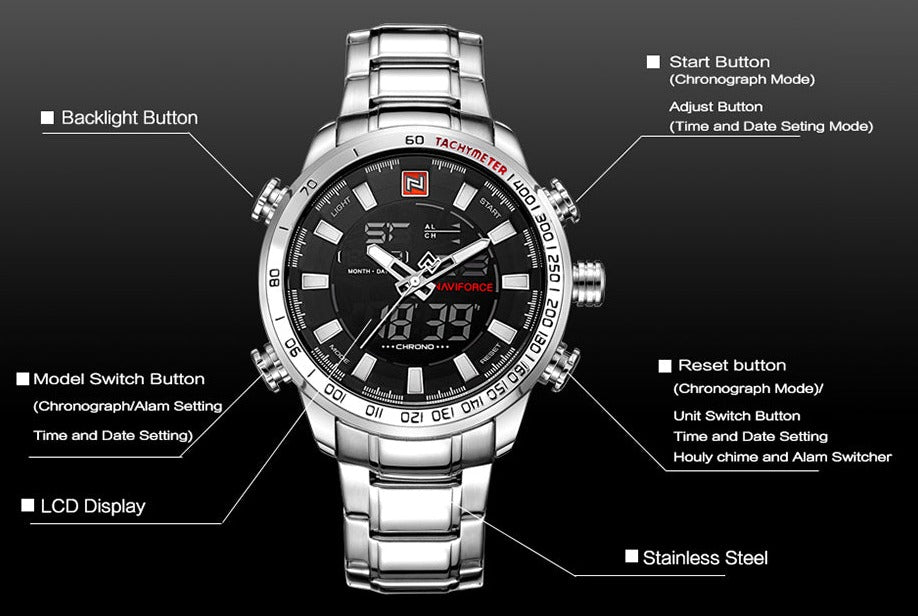 NAVIFORCE NF9093 Herren Multifunktion Militär Chronograph 3BAR Hardlex