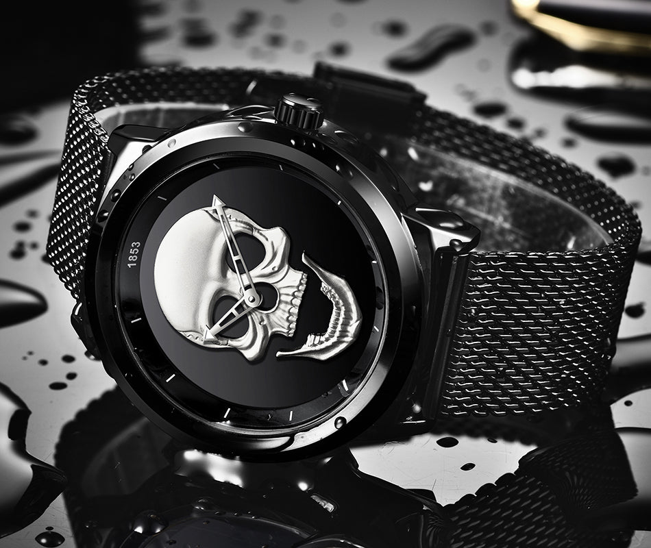 LIGE 9876 Black Skull Edition Designer Analog Herrenuhr 3ATM Hardlex