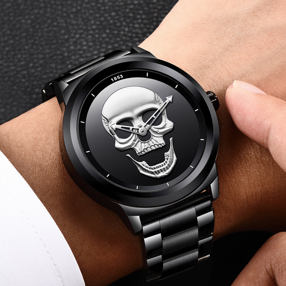 LIGE 9876 Black Skull Edition Designer Analog Herrenuhr 3ATM Hardlex