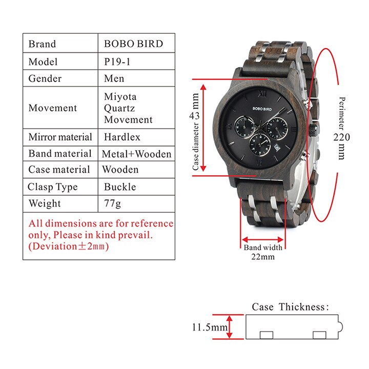 BOBO BIRD Herren Holzchronograph Datumsanzeige 3ATM