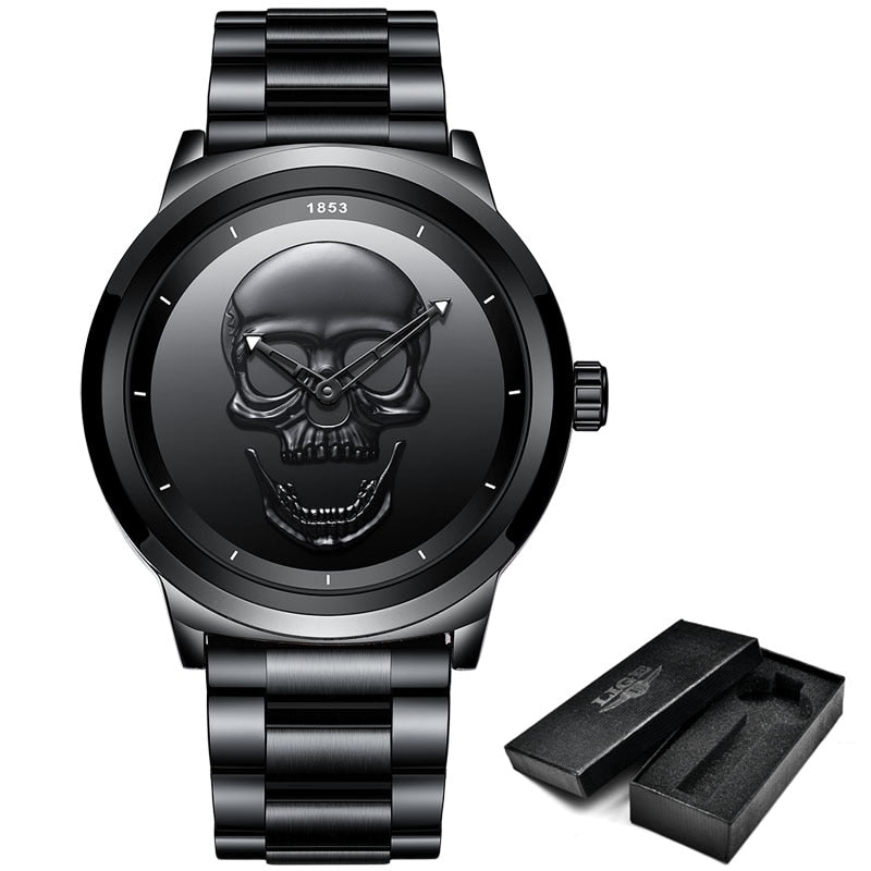 LIGE 9876 Black Skull Edition Designer Analog Herrenuhr 3ATM Hardlex