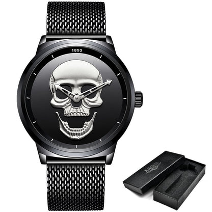 LIGE 9876 Black Skull Edition Designer Analog Herrenuhr 3ATM Hardlex