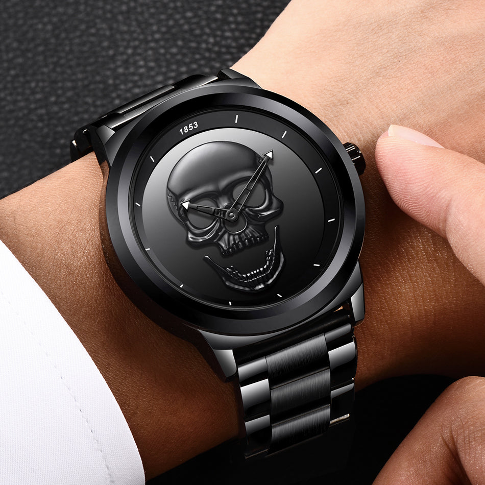 LIGE 9876 Black Skull Edition Designer Analog Herrenuhr 3ATM Hardlex