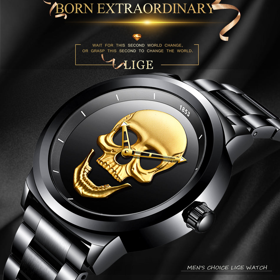 LIGE 9876 Black Skull Edition Designer Analog Herrenuhr 3ATM Hardlex