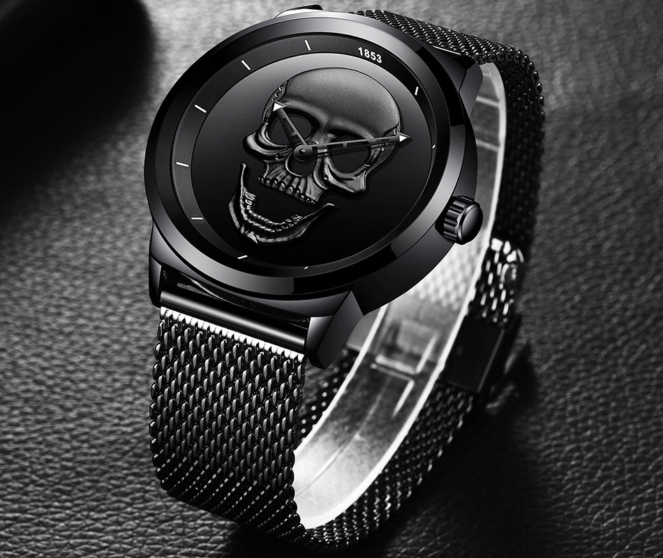 LIGE 9876 Black Skull Edition Designer Analog Herrenuhr 3ATM Hardlex
