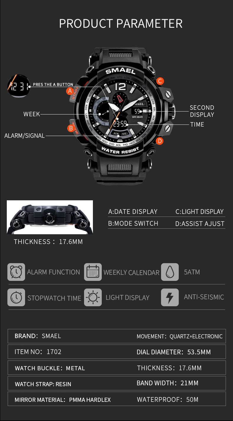 SMAEL WS-1702A Herren Militär Sport-Chronograph 5ATM Dualanzeige