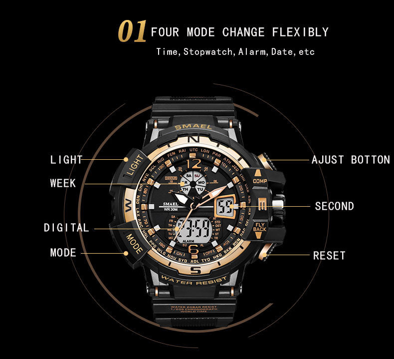 SMAEL SL-1376 Herren Sport-Uhr 3BAR Dualanzeige