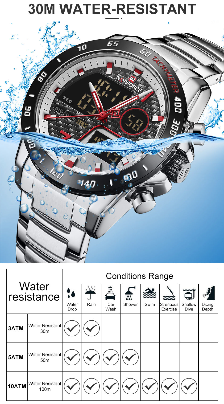 NAVIFORCE NF9171 Herren Militär Chronograph 3BAR Hardlex