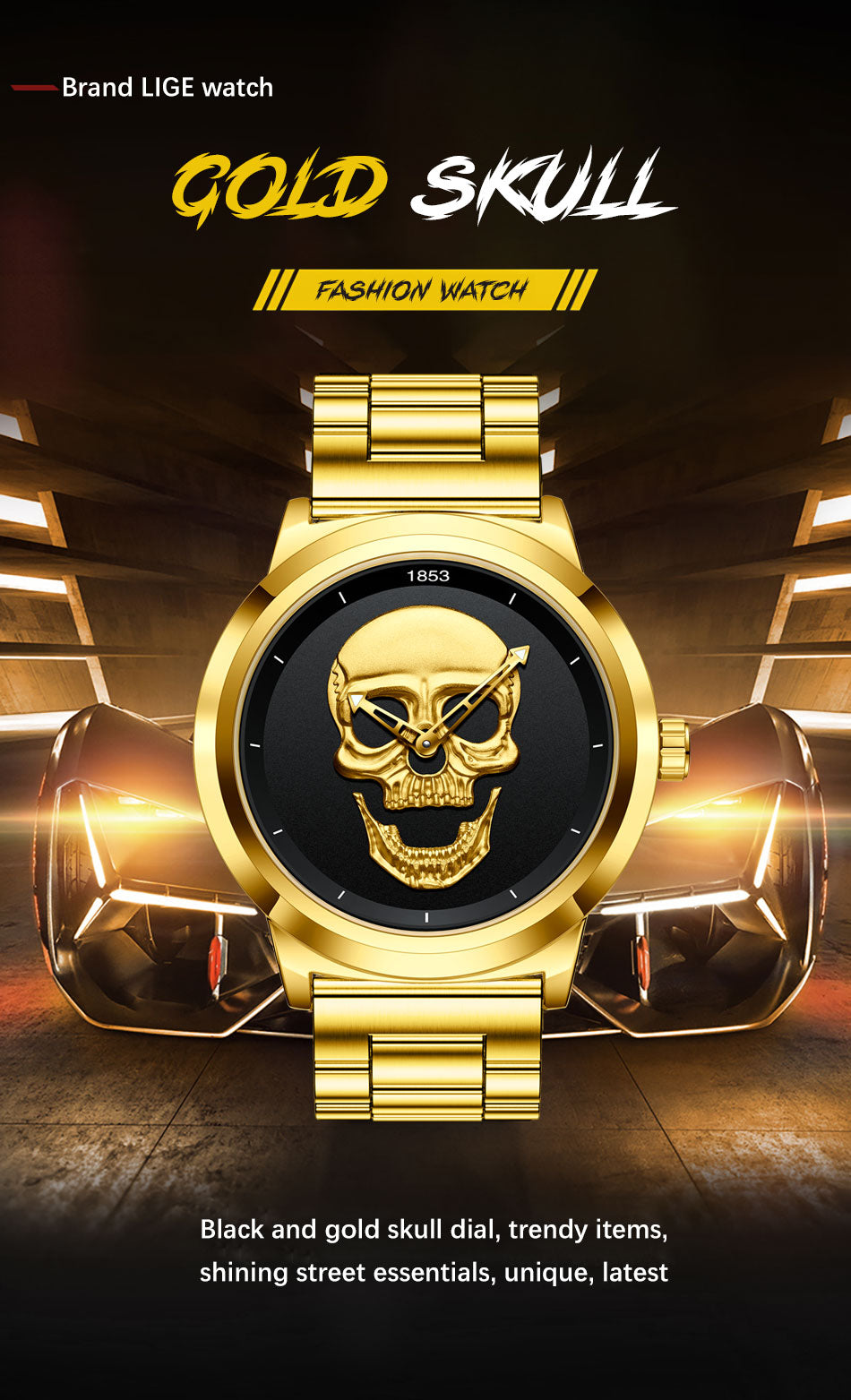 LIGE 9876 GOLD SKULL EDITION Herren Quarzuhr "Totenkopf" 3ATM
