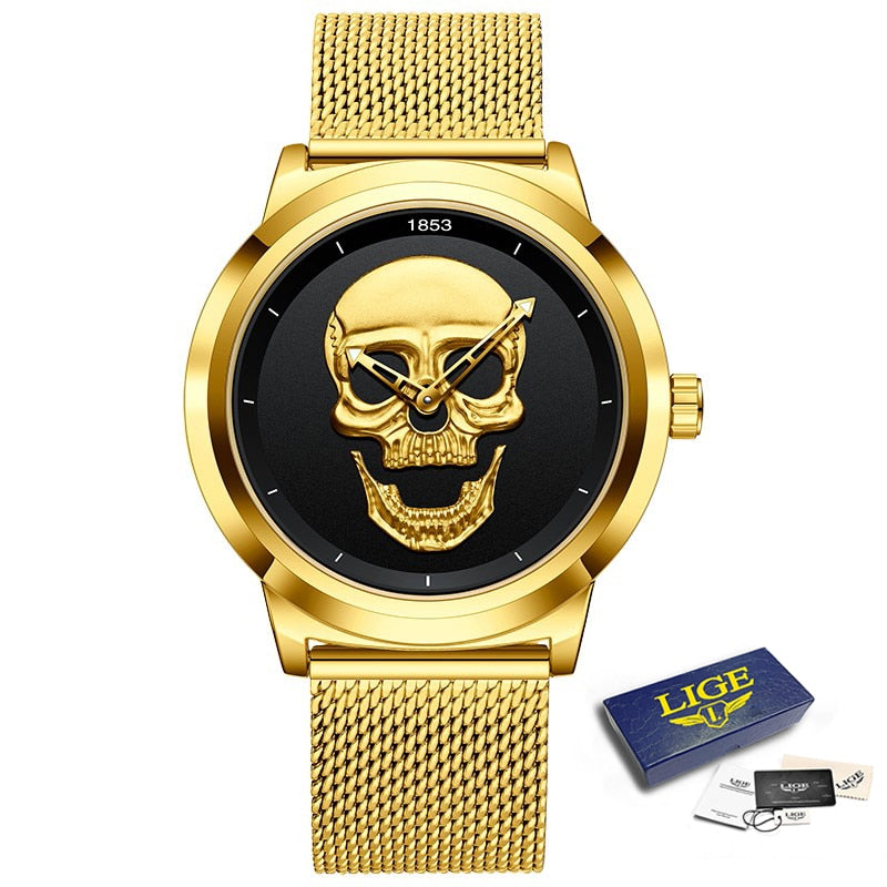 LIGE 9876 GOLD SKULL EDITION Herren Quarzuhr "Totenkopf" 3ATM