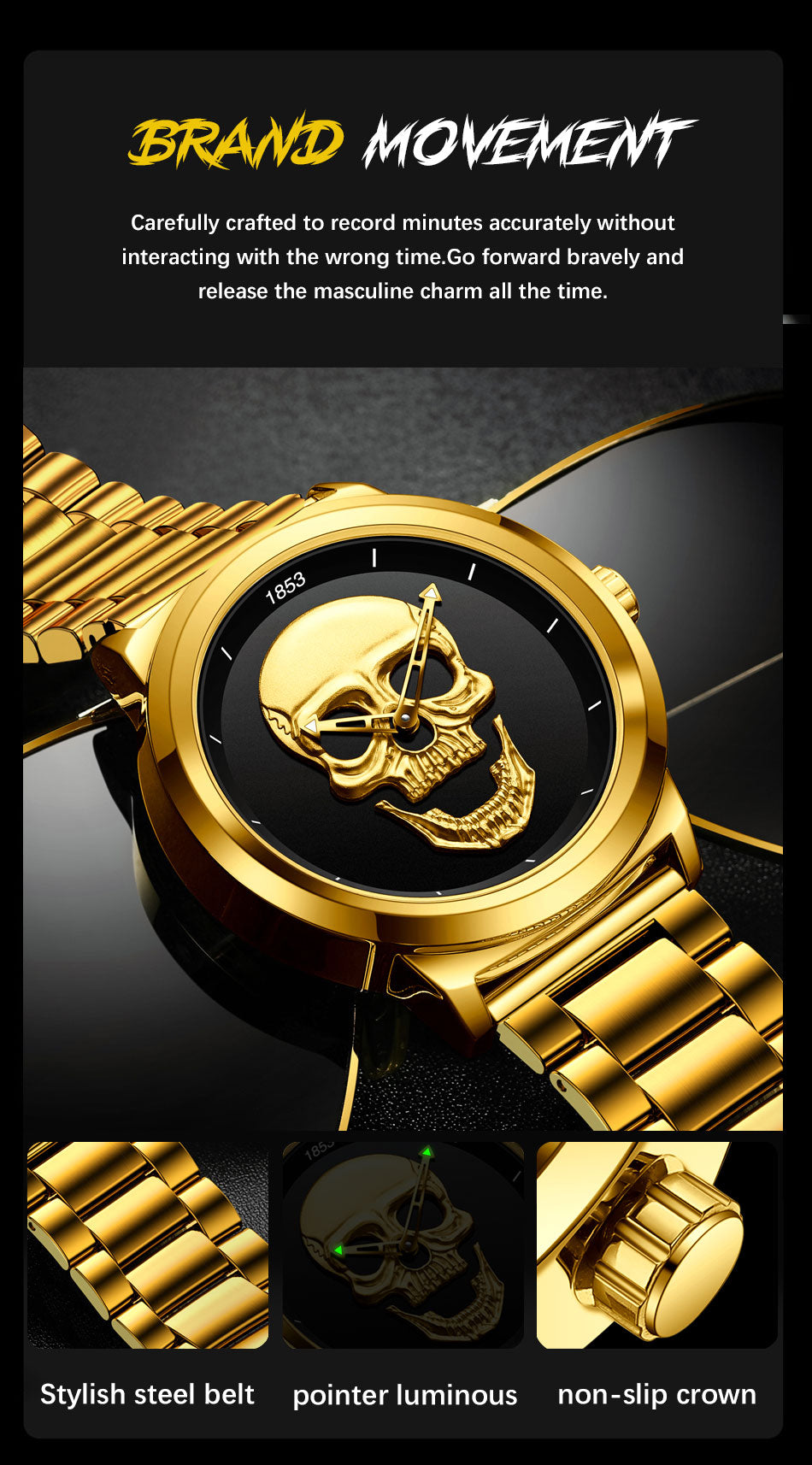 LIGE 9876 GOLD SKULL EDITION Herren Quarzuhr "Totenkopf" 3ATM