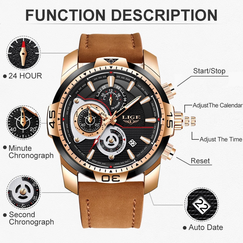 LIGE 9892 Herren Chronograph 3ATM Hardlex