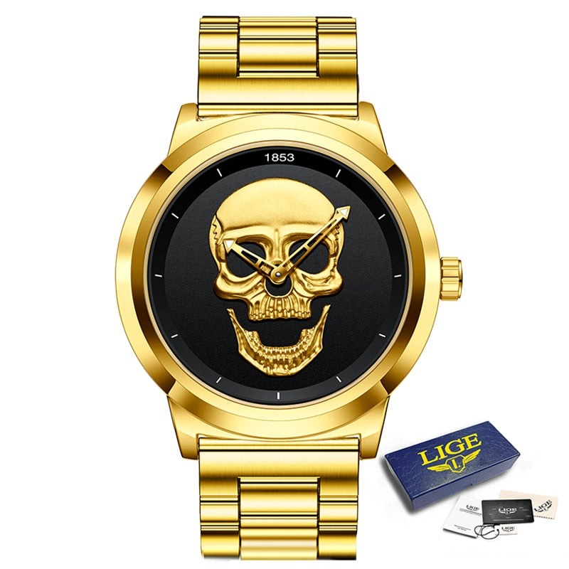 LIGE 9876 GOLD SKULL EDITION Herren Quarzuhr "Totenkopf" 3ATM