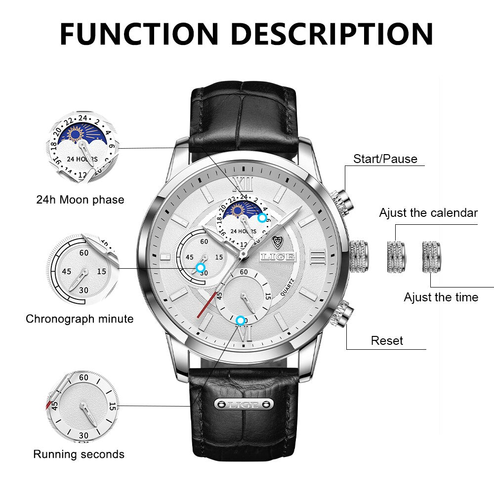 LIGE 8932 Herren Chronograph 3ATM Hardlex