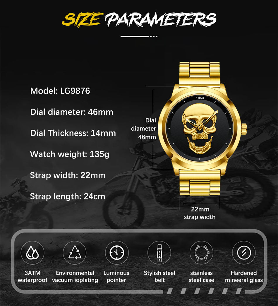 LIGE 9876 GOLD SKULL EDITION Herren Quarzuhr "Totenkopf" 3ATM