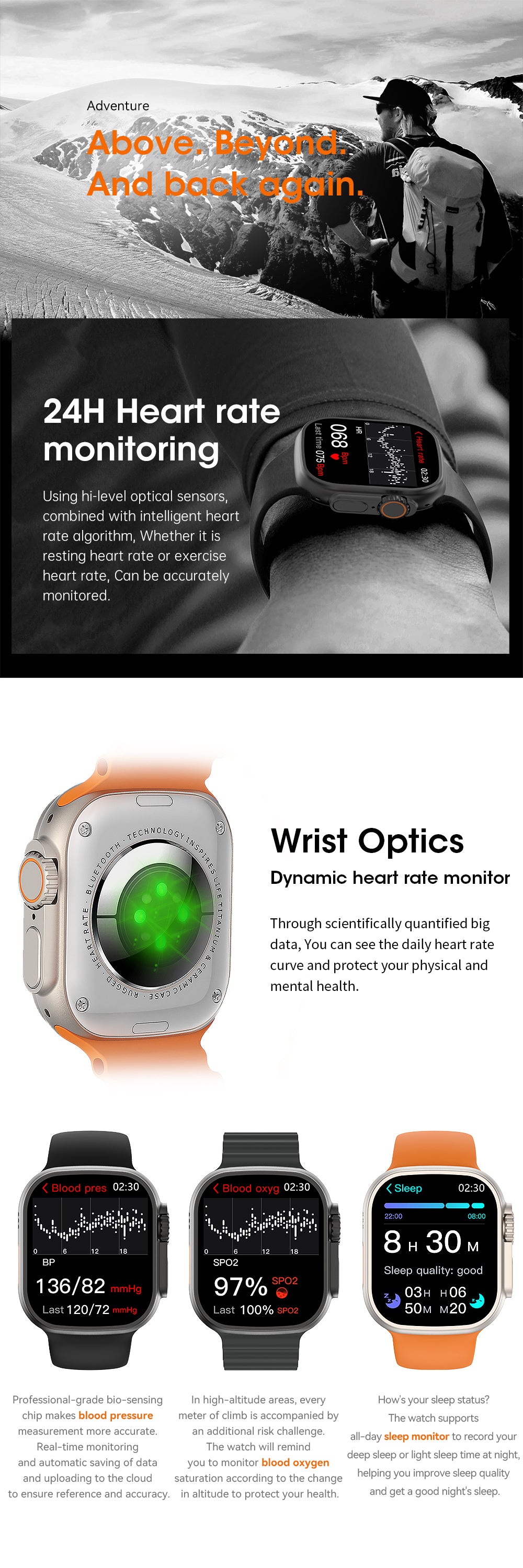 HANTOPER Ultra Max Herren Sport Smartwatch IWO Serie 8 2.2 Zoll Touchscreen IP68 Wasserdicht GPS Route Track