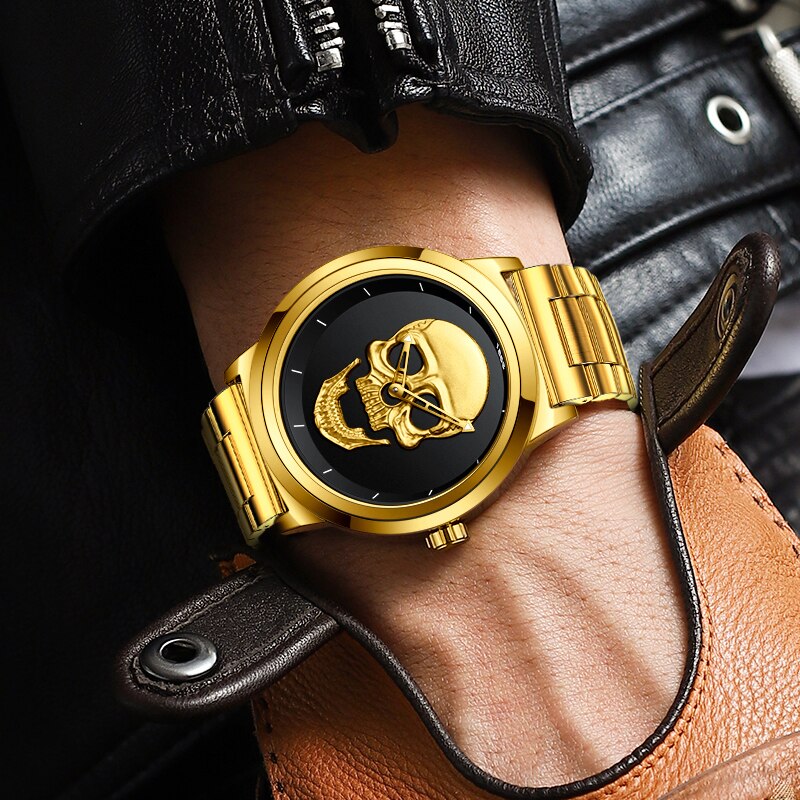 LIGE 9876 GOLD SKULL EDITION Herren Quarzuhr "Totenkopf" 3ATM