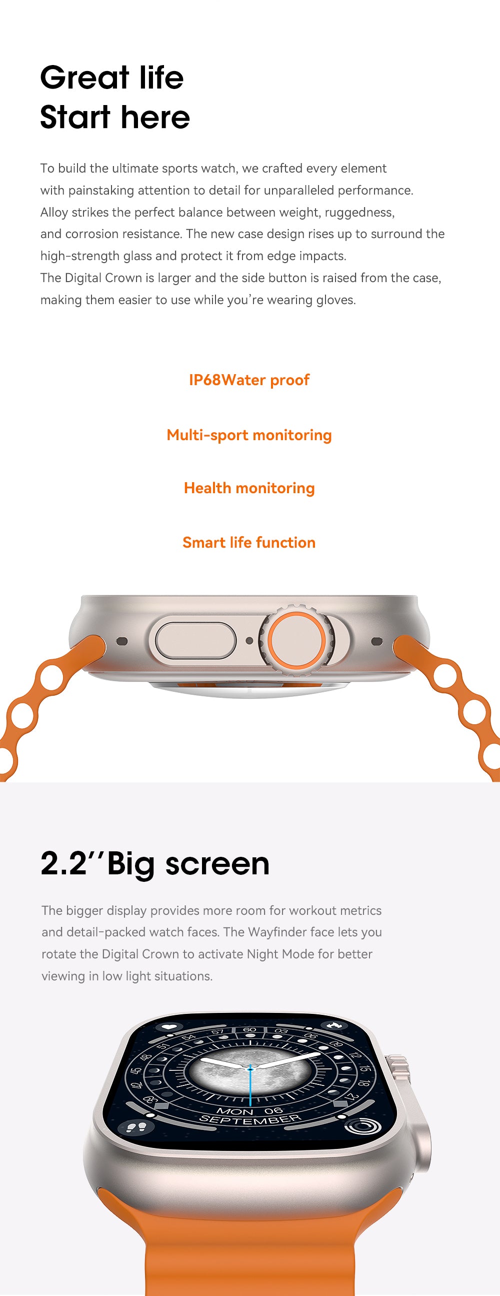 HANTOPER Ultra Max Herren Sport Smartwatch IWO Serie 8 2.2 Zoll Touchscreen IP68 Wasserdicht GPS Route Track