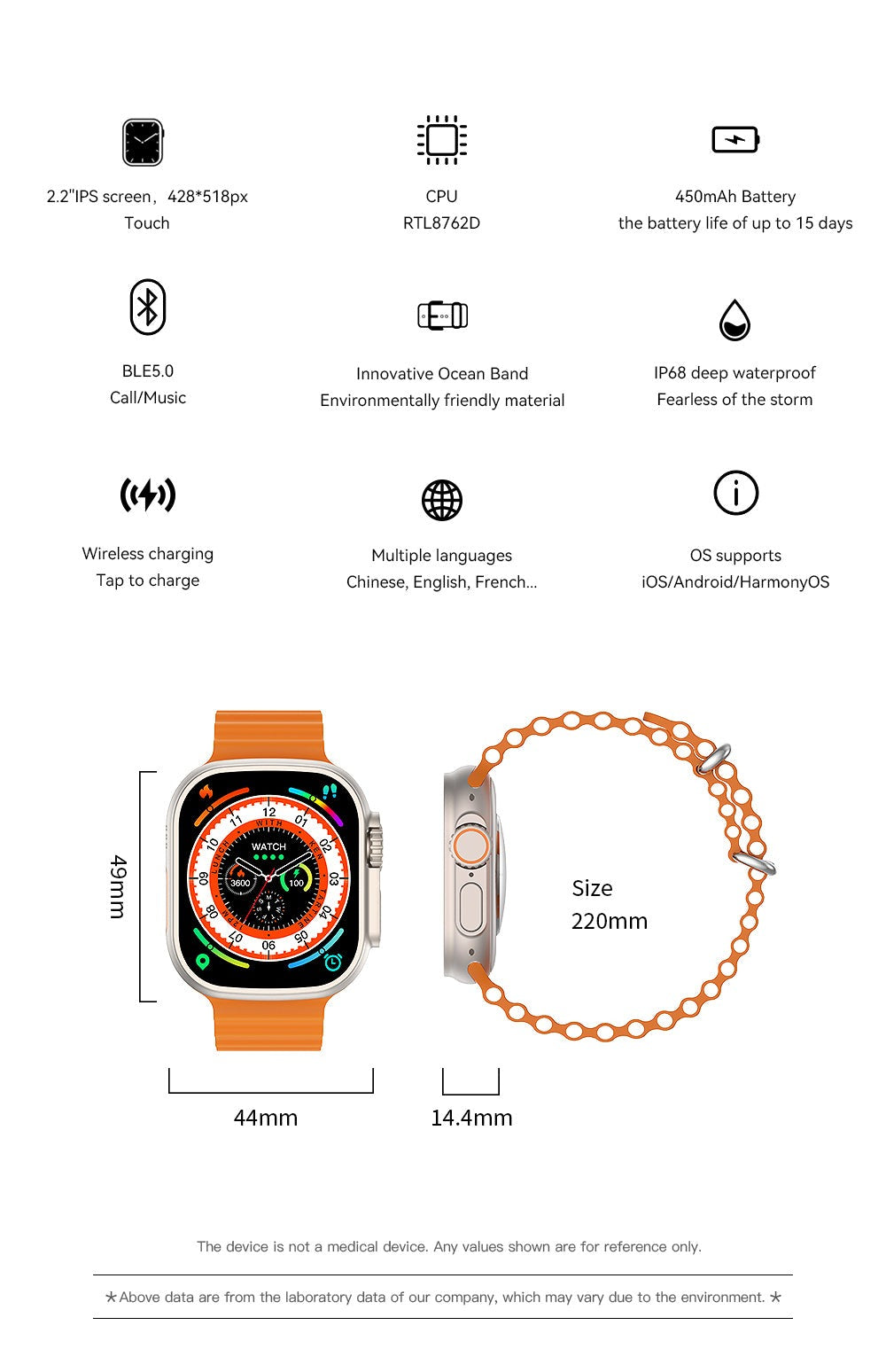 HANTOPER Ultra Max Herren Sport Smartwatch IWO Serie 8 2.2 Zoll Touchscreen IP68 Wasserdicht GPS Route Track