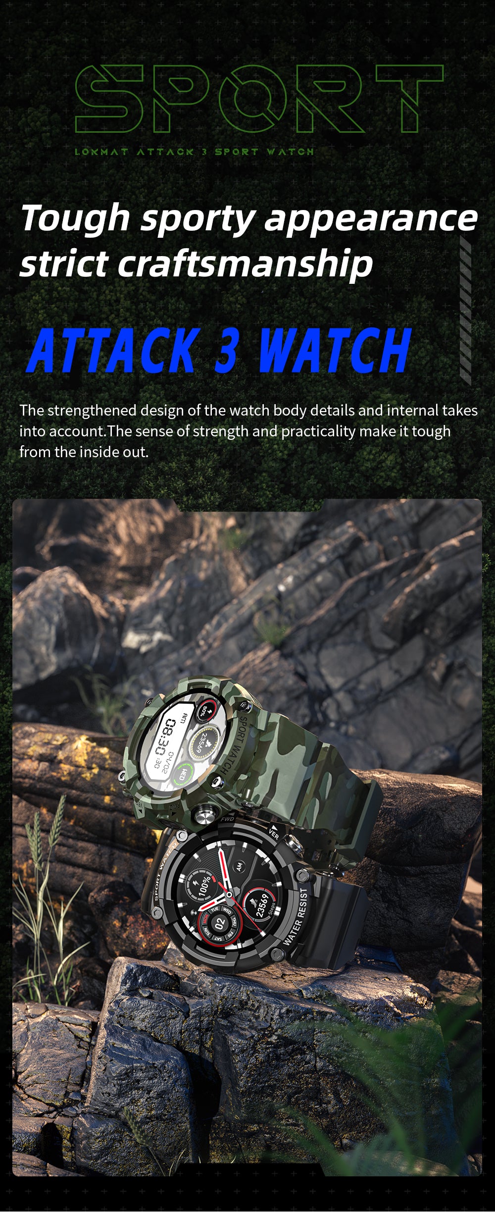 LOKMAT ATTACK 3 Sport Smart Watch Touchscreen Bluetooth IP68