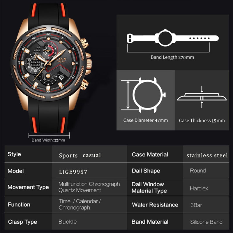 LIGE 9957 Herren Chronograph 3ATM Hardlex