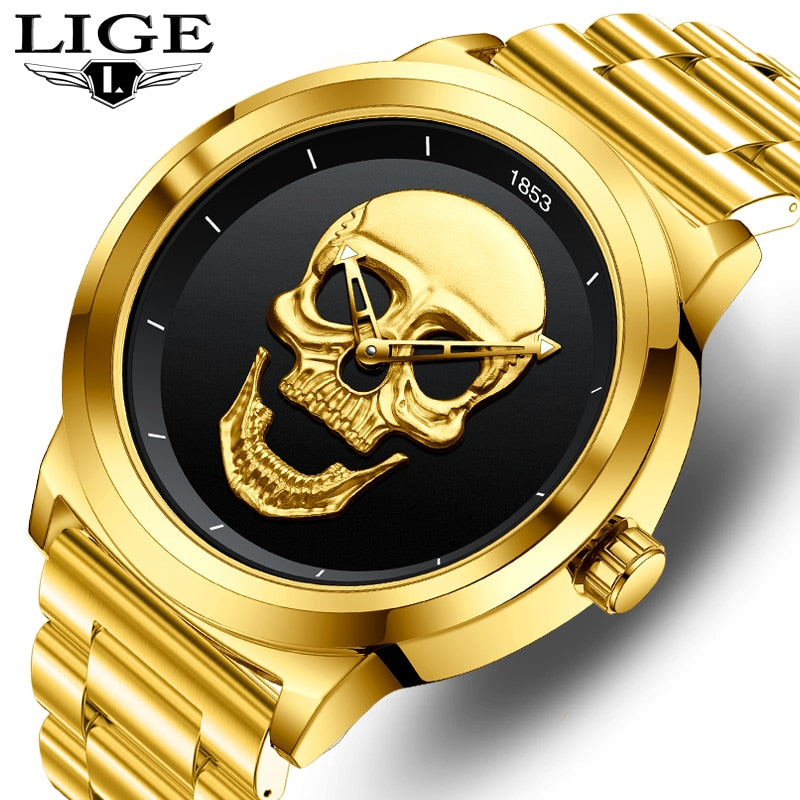 LIGE 9876 GOLD SKULL EDITION Herren Quarzuhr "Totenkopf" 3ATM
