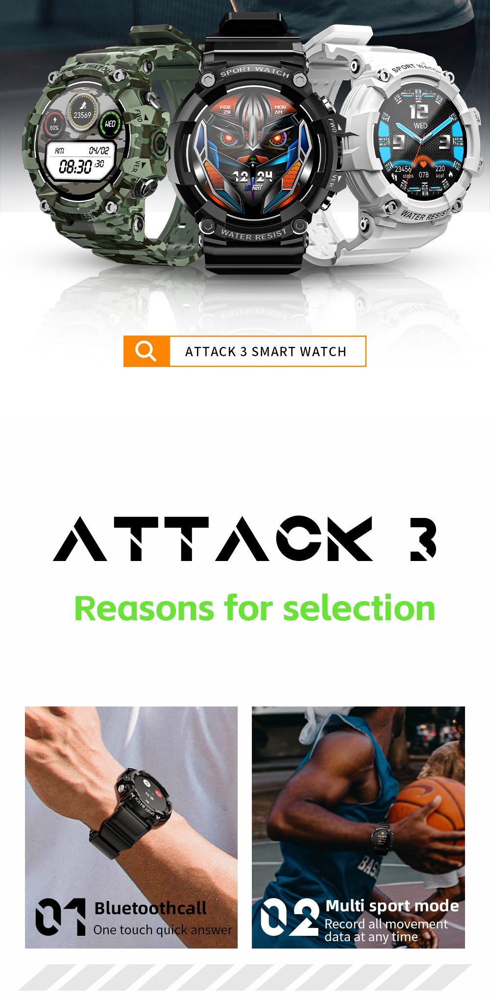 LOKMAT ATTACK 3 Sport Smart Watch Touchscreen Bluetooth IP68