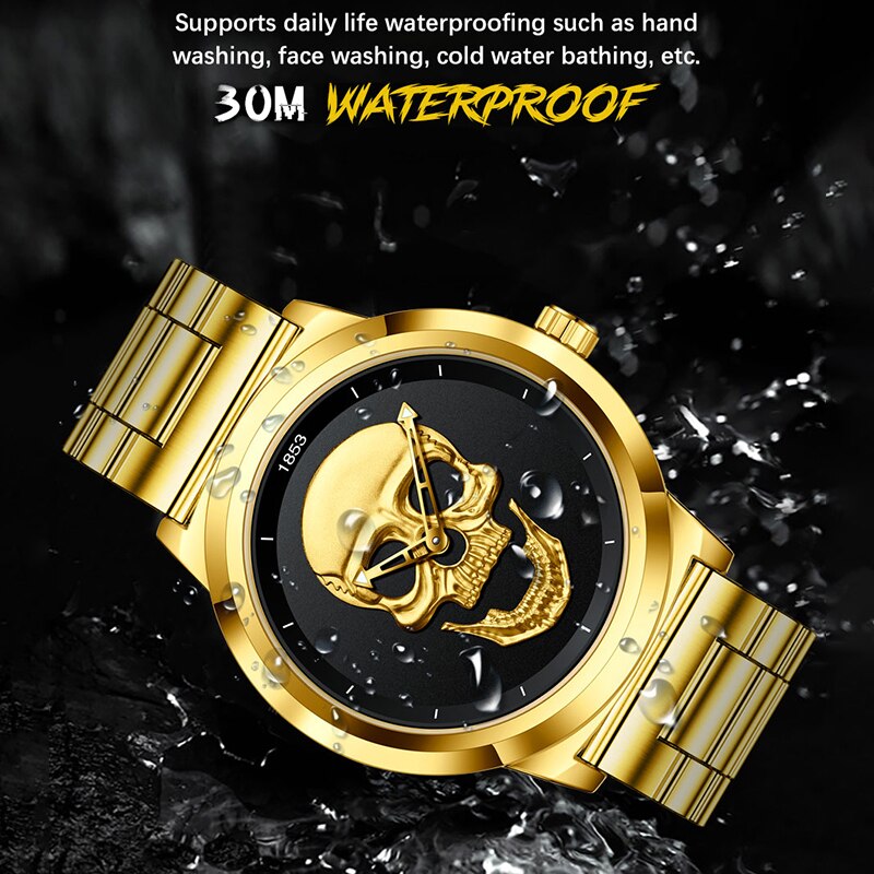 LIGE 9876 GOLD SKULL EDITION Herren Quarzuhr "Totenkopf" 3ATM